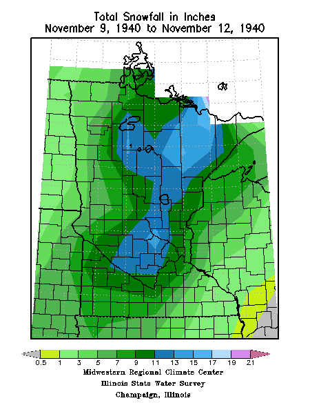 Gradient map of Minnesota counties showing how much snow each area got. Central and Northeast are shown blue, as they received the most snow.