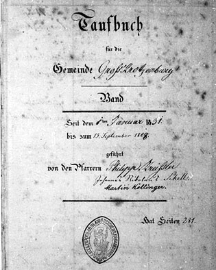 Taufbuch für die Gemeinde Grosskrotzenburg
Baptismal Book of the Grosskrotzenburg Parish
Matricula

